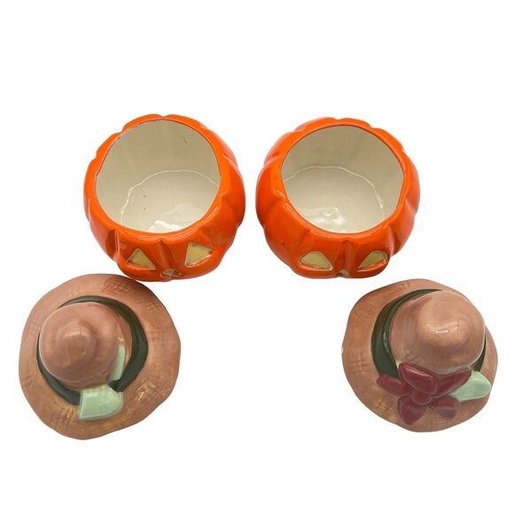 Halloween Decor Scarecrow Jack O Lantern Pair Handpainted Removeable Hat Signed - Picture 6 of 12